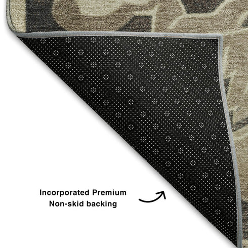 5' X 8' Chocolate Ivory And Gray Floral Medallion Washable Area Rug With UV Protection