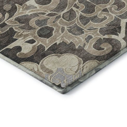 5' X 8' Chocolate Ivory And Gray Floral Medallion Washable Area Rug With UV Protection
