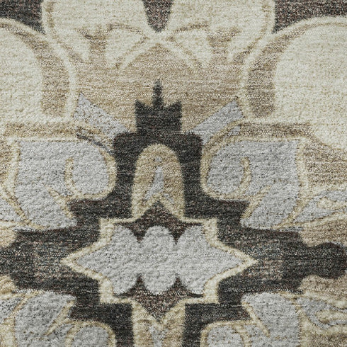 5' X 8' Chocolate Ivory And Gray Floral Medallion Washable Area Rug With UV Protection