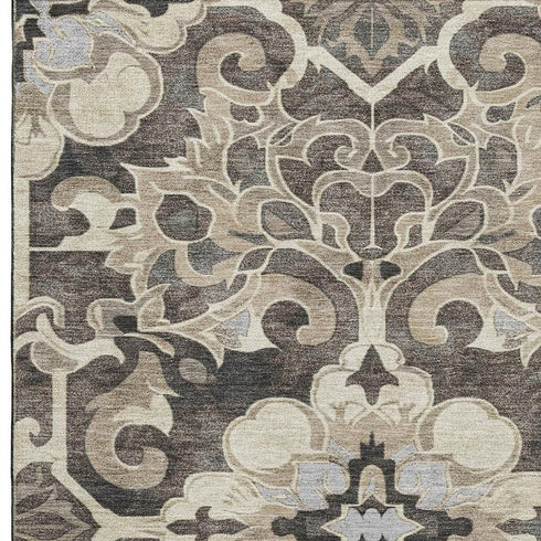 5' X 8' Chocolate Ivory And Gray Floral Medallion Washable Area Rug With UV Protection