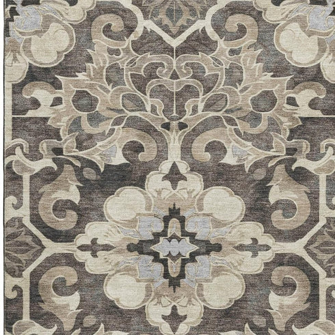 5' X 8' Chocolate Ivory And Gray Floral Medallion Washable Area Rug With UV Protection