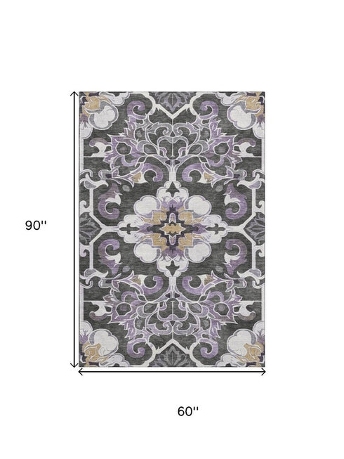 5' X 8' Purple Ivory And Charcoal Floral Medallion Washable Area Rug With UV Protection