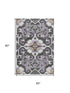 5' X 8' Purple Ivory And Charcoal Floral Medallion Washable Area Rug With UV Protection