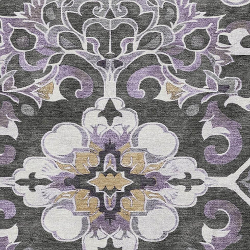 5' X 8' Purple Ivory And Charcoal Floral Medallion Washable Area Rug With UV Protection