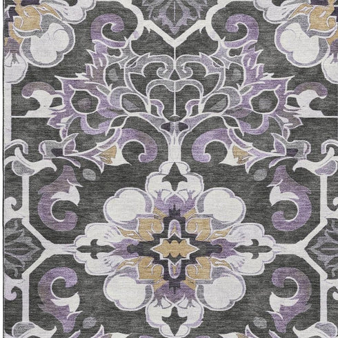 5' X 8' Purple Ivory And Charcoal Floral Medallion Washable Area Rug With UV Protection