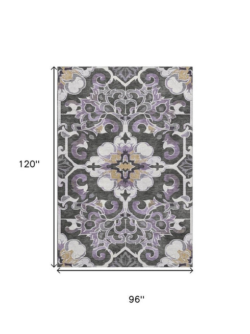 8' X 10' Purple Ivory And Charcoal Floral Medallion Washable Area Rug With UV Protection