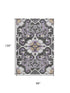 8' X 10' Purple Ivory And Charcoal Floral Medallion Washable Area Rug With UV Protection