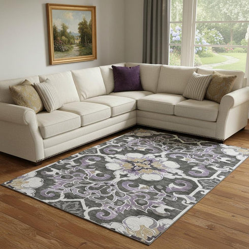 8' X 10' Purple Ivory And Charcoal Floral Medallion Washable Area Rug With UV Protection
