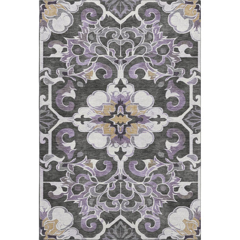 8' X 10' Purple Ivory And Charcoal Floral Medallion Washable Area Rug With UV Protection