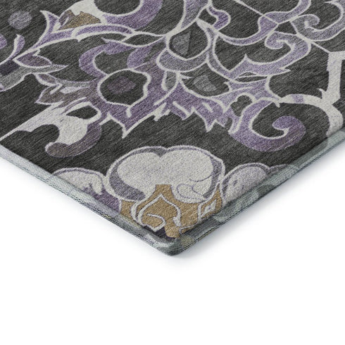 8' X 10' Purple Ivory And Charcoal Floral Medallion Washable Area Rug With UV Protection