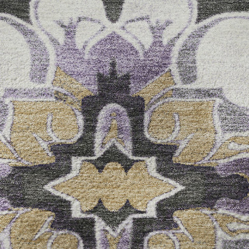 8' X 10' Purple Ivory And Charcoal Floral Medallion Washable Area Rug With UV Protection