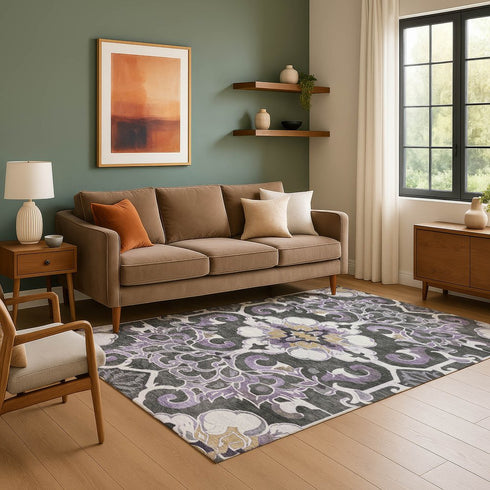 8' X 10' Purple Ivory And Charcoal Floral Medallion Washable Area Rug With UV Protection