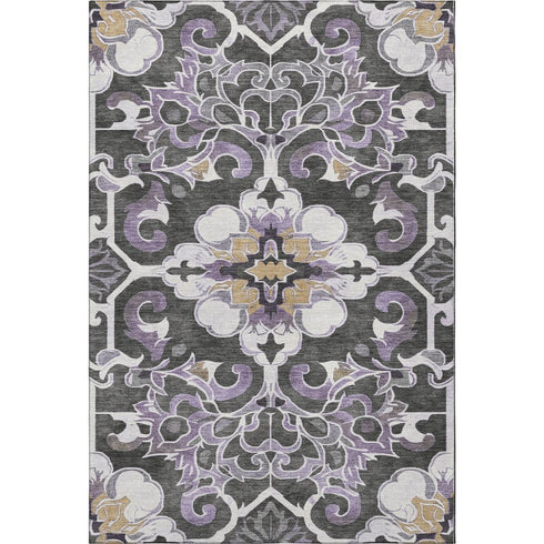 8' X 10' Purple Ivory And Charcoal Floral Medallion Washable Area Rug With UV Protection