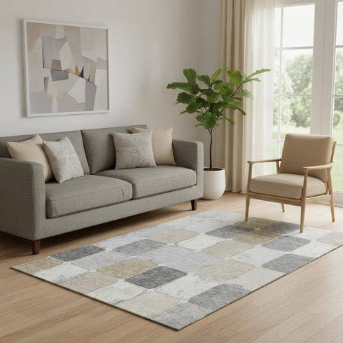5' X 8' Beige Gray And Silver Geometric Washable Area Rug With UV Protection