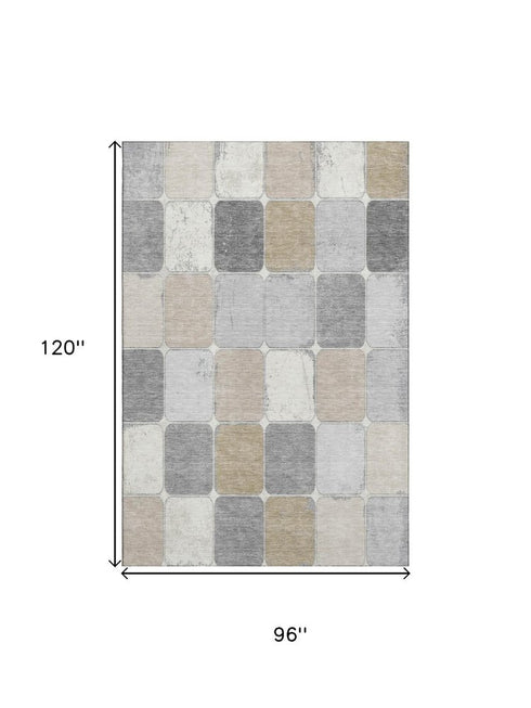 8' X 10' Beige Gray And Silver Geometric Washable Area Rug With UV Protection