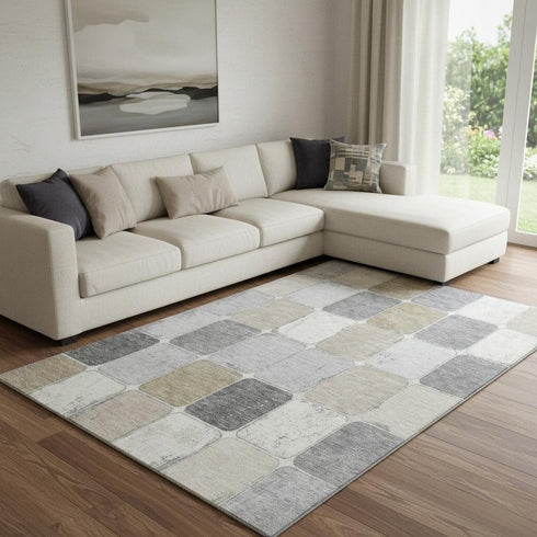 8' X 10' Beige Gray And Silver Geometric Washable Area Rug With UV Protection