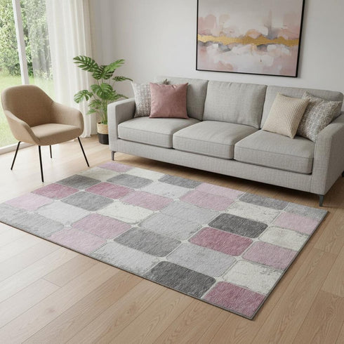 5' X 8' Blush Gray And Silver Geometric Washable Area Rug With UV Protection