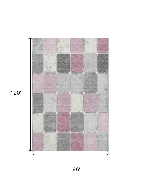 8' X 10' Blush Gray And Silver Geometric Washable Area Rug With UV Protection