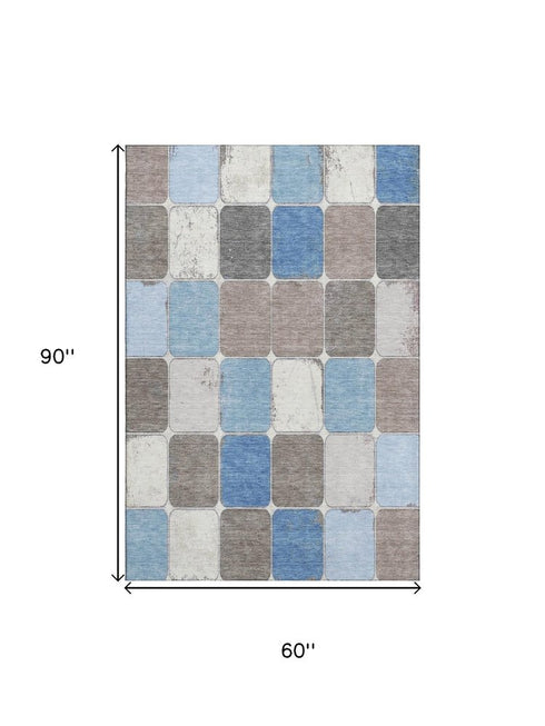 5' X 8' Blue Ivory And Taupe Geometric Washable Area Rug With UV Protection