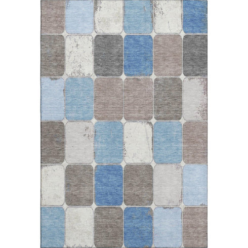 5' X 8' Blue Ivory And Taupe Geometric Washable Area Rug With UV Protection