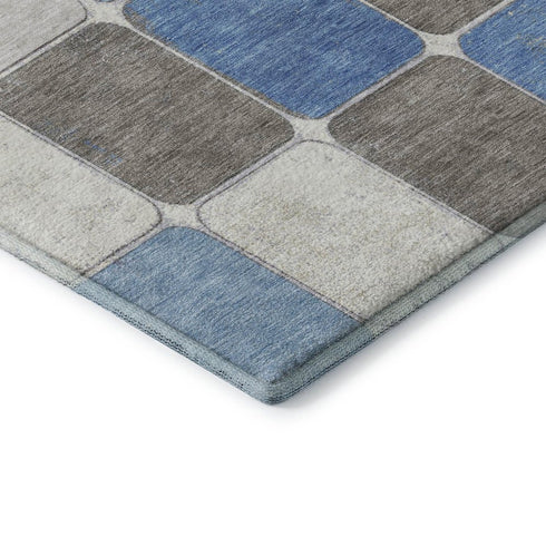 5' X 8' Blue Ivory And Taupe Geometric Washable Area Rug With UV Protection