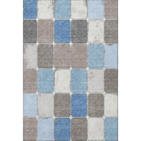 5' X 8' Blue Ivory And Taupe Geometric Washable Area Rug With UV Protection
