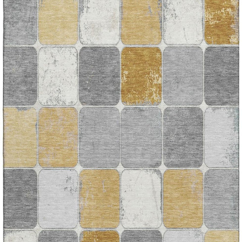 5' X 8' Gold Gray And Ivory Geometric Washable Area Rug With UV Protection