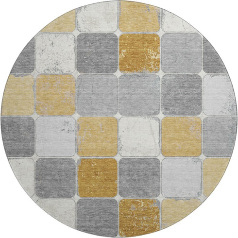 8' Gold Gray And Ivory Geometric Washable Round Rug With UV Protection