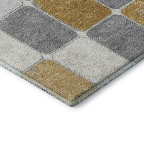 8' Gold Gray And Ivory Geometric Washable Round Rug With UV Protection