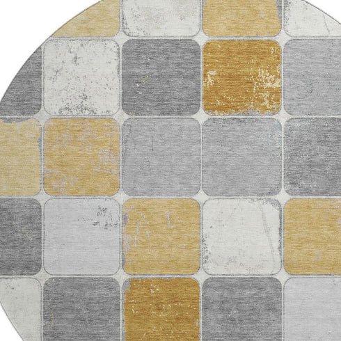 8' Gold Gray And Ivory Geometric Washable Round Rug With UV Protection
