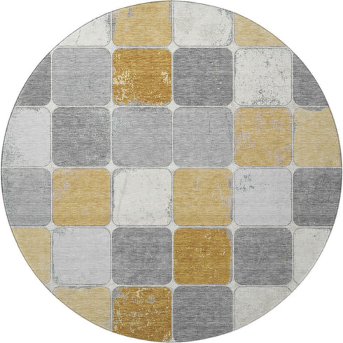 8' Gold Gray And Ivory Geometric Washable Round Rug With UV Protection
