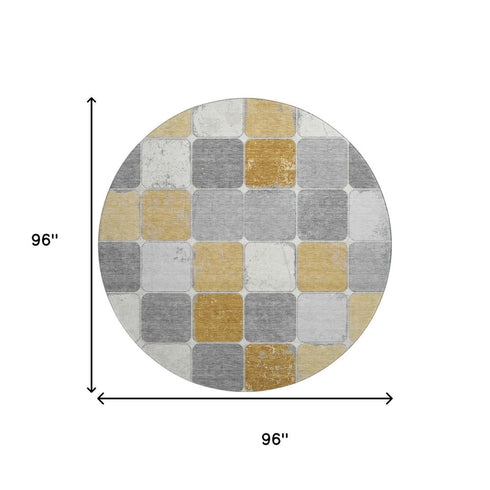 8' Gold Gray And Ivory Geometric Washable Round Rug With UV Protection