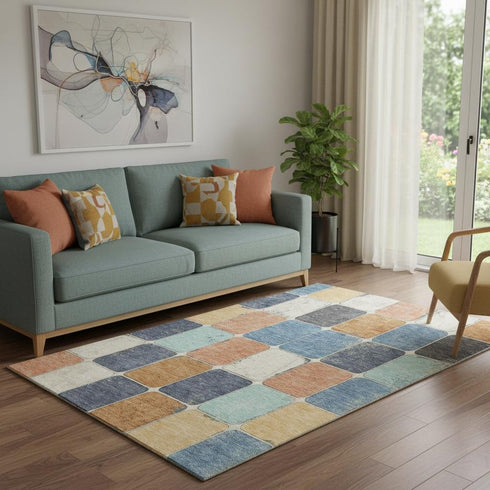 5' X 8' Rust Blue And Ivory Geometric Washable Area Rug With UV Protection