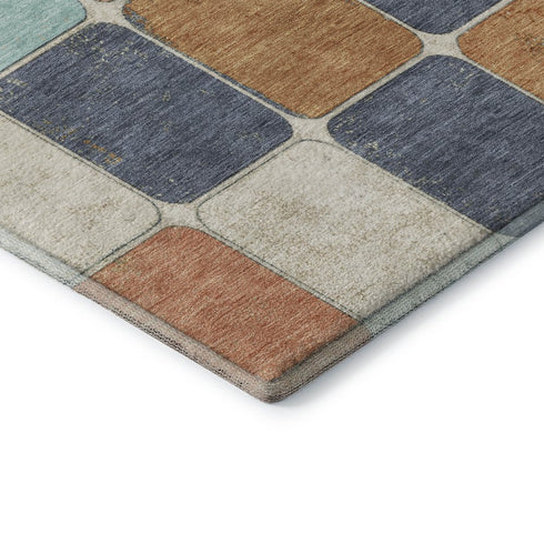 5' X 8' Rust Blue And Ivory Geometric Washable Area Rug With UV Protection