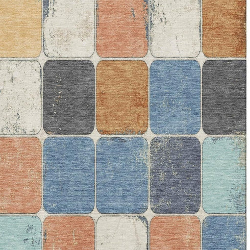 5' X 8' Rust Blue And Ivory Geometric Washable Area Rug With UV Protection