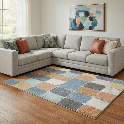 8' X 10' Rust Blue And Ivory Geometric Washable Area Rug With UV Protection