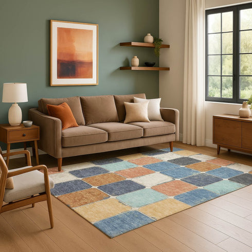 8' X 10' Rust Blue And Ivory Geometric Washable Area Rug With UV Protection