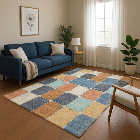 9' X 12' Rust Blue And Ivory Geometric Washable Area Rug With UV Protection