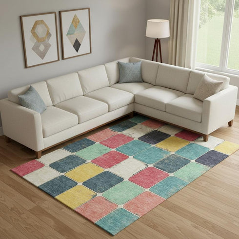 9' X 12' Teal Blush And Yellow Geometric Washable Area Rug With UV Protection