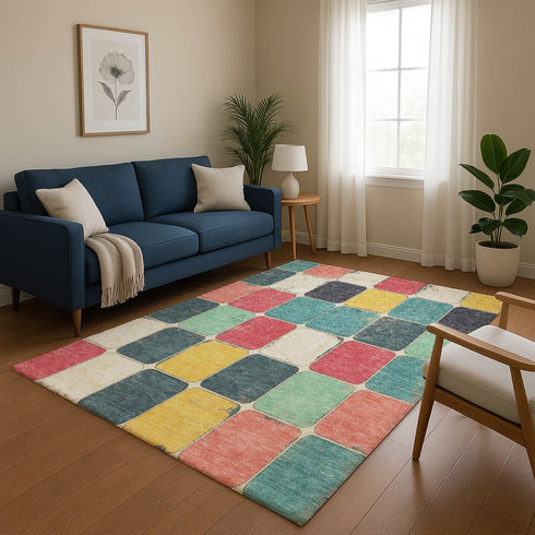 9' X 12' Teal Blush And Yellow Geometric Washable Area Rug With UV Protection