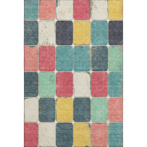 9' X 12' Teal Blush And Yellow Geometric Washable Area Rug With UV Protection