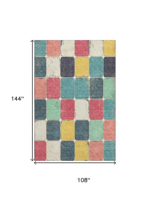9' X 12' Teal Blush And Yellow Geometric Washable Area Rug With UV Protection