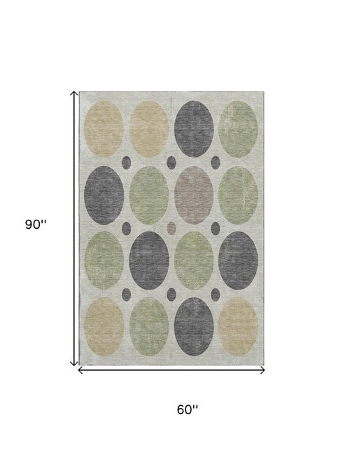 5' X 8' Beige Charcoal And Green Geometric Washable Area Rug With UV Protection