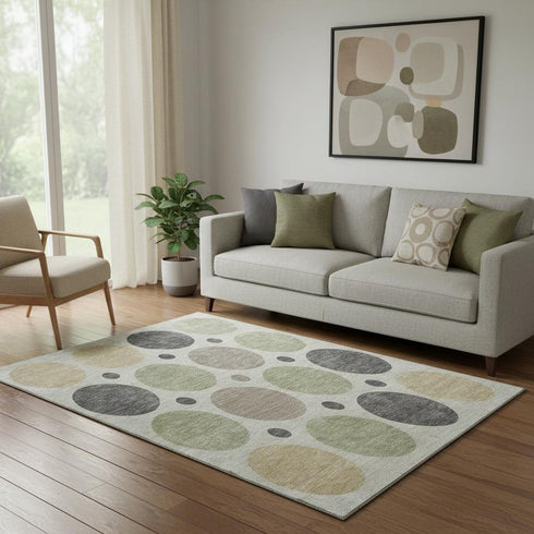 5' X 8' Beige Charcoal And Green Geometric Washable Area Rug With UV Protection