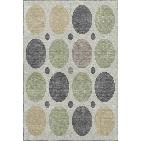 5' X 8' Beige Charcoal And Green Geometric Washable Area Rug With UV Protection