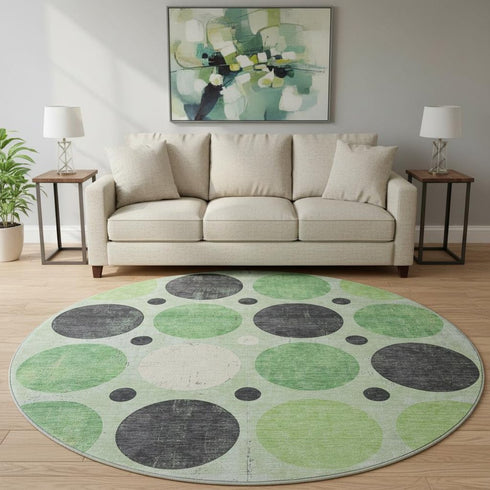 8' Green Ivory And Charcoal Geometric Washable Round Rug With UV Protection