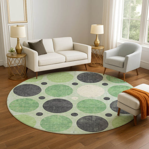 8' Green Ivory And Charcoal Geometric Washable Round Rug With UV Protection