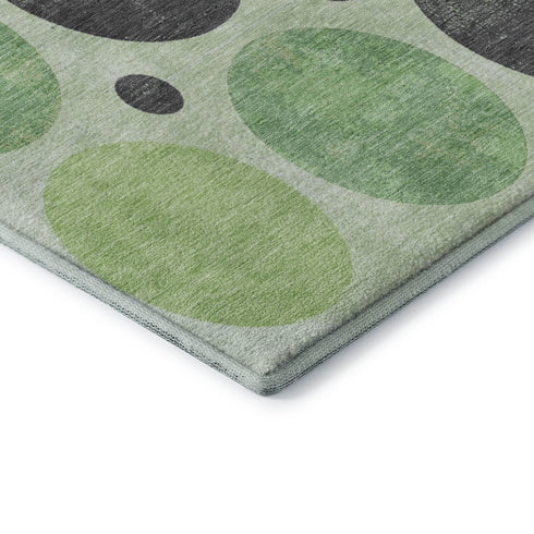 8' Green Ivory And Charcoal Geometric Washable Round Rug With UV Protection