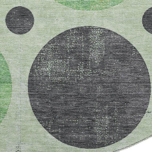 8' Green Ivory And Charcoal Geometric Washable Round Rug With UV Protection