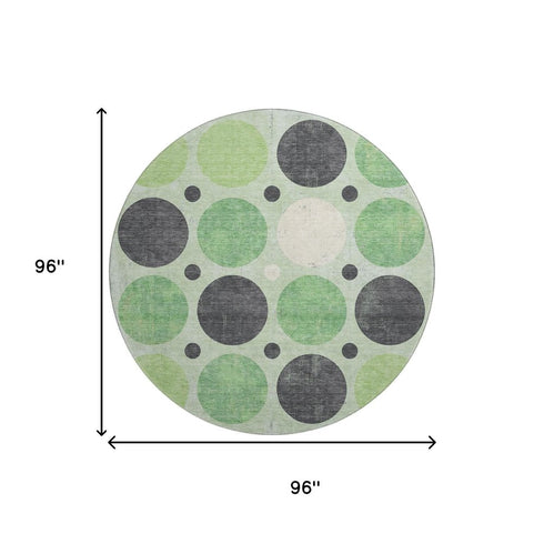 8' Green Ivory And Charcoal Geometric Washable Round Rug With UV Protection